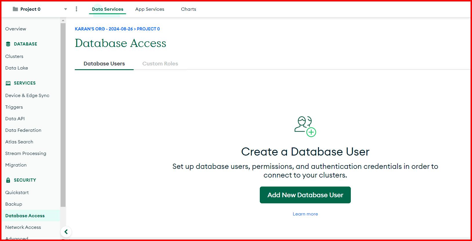 Picture showing Add New Database user for adding the admin access to the user